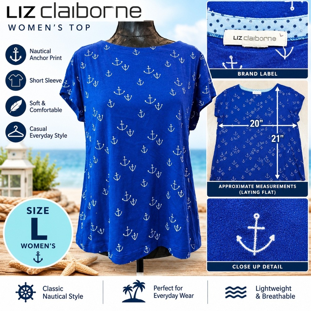 Liz Claiborne Women Blue Nautical Anchor Print Short Sleeve Top Size L